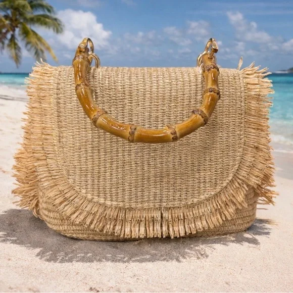 NWT Tommy Bahama Gold and Tan woven bag with Bamboo Handle & Crossbody Strap - Picture 1 of 16